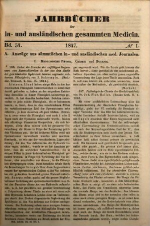 Carl Christian Schmidt's Jahrbücher der in- und ausländischen gesammten Medicin. 54. 1847