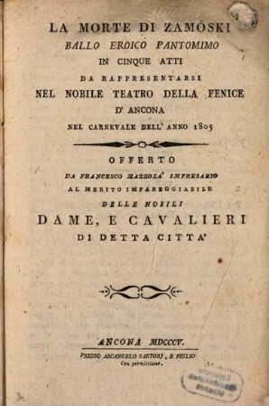 La Morte di Zamoski : ballo-eroico pantomimo in 5 atti