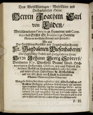 Dem Wohl Würdigen, Wohl Edlen und Hochgelahrten Herrn Herren Joachim Carl von Lüden [...]