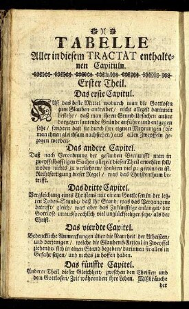 Tabelle aller in diesem Tract enthaltenen Capituln.