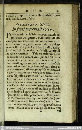 Observatio XVIII. In febri petechiali ēcheōn