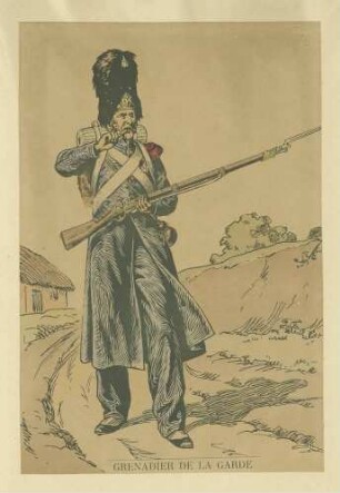 Stab Kaiser Napoleon I.: Grenadier der Garde in Uniform, Mütze und Feldausrüstung, stehend, in Halbprofil