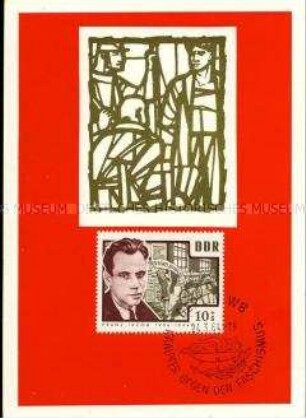 Gedenkkarte für den Widerstandskämpfer Franz Jacob, mit Briefmarke und Sonderstempel