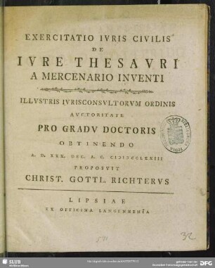 Exercitatio Iuris Civilis De Iure Thesauri A Mercenario Inventi