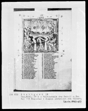 Weltchronik des Rudolf von Ems — Simsons zerstört den Tempel, Folio 113recto