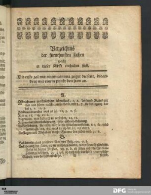 Verzeichnis der fürnehmsten sachen welche in dieser schrift enthalten sind.
