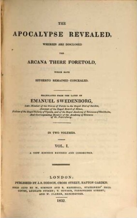 Works, 20. The Apocalypse revealed. Vol. 1. - 1832