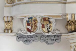 Wappenpaare in Kartuschen — Wappen des Prinzen Friedrich Heinrich von Oranien-Nassau (1584-1647) und seiner Ehefrau Amalie zu Solms-Braunfels (1602-1675)