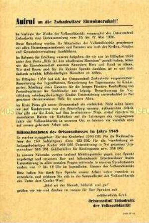 Aufruf des Ortsausschusses Zschachwitz der Volkssolidarität zu einer Listensammlung