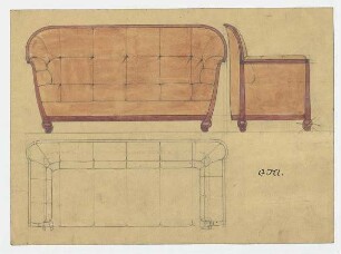 Entwurf eines Sitzmöbels : Vorder-, Seiten- und Draufsicht eines Sofas; signiert