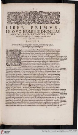 Liber primvs, in qvo hominis dignitas, anatomes praestantia, vtilitas, necessitas, et vniversalia anatomicae artis praecepta explicantur