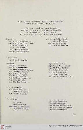 8: Wykaz pracowników Muzeum Narodowego według stanu z dnia 31 grudnia 1961