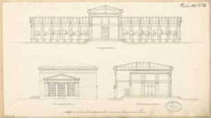 Orangerie mit Speisesaal Monatskonkurrenz Januar 1877: Aufriss Seitenansicht, Längsschnitt, Querschnitt; Maßstabsleiste