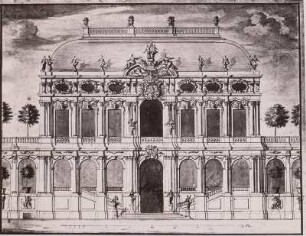 Entwurf für den Wallpavillon des Zwingers, Aufriß (um 1715, M. D. Pöppelmann; Feder, Tusche, Wasserfarben; 41,5 x 56 cm). Sächsische Landesbibliothek – Staats- und Universitätsbibliothek Dresden, Handschriftensammlung, Mscr. Dresd. L. 4/Blatt 15