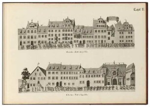 Aufzug der Armbrust- und Büchsenschützen entlang der Großen Schießgasse (Verlängerung bis zum Gewandhaus) und Kleinen Schießgasse (Schießgasse), Reproduktion des Kupferstiches aus Gabriel Tzschimmers "Die Durchlauchtigste Zusammenkunft [...] " von 1678