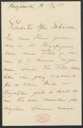 Brief an Willy Strecker an B. Schott's Söhne : 17.01.1910