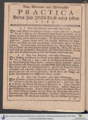 Neue Astronom- und Astrologische Practica Auf das Jahr Jesu Christi unsers Herrn 1767.