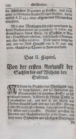 Das II. Capitel. Von der ersten Ankunfft der Sachsen bis auf Wilhelm den Eroberer.