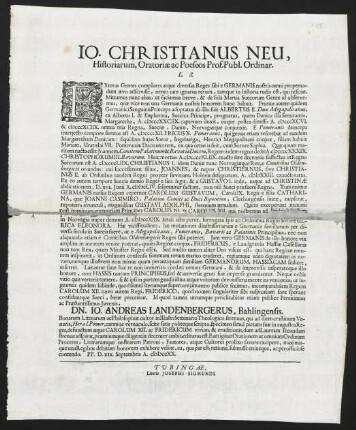 Io. Christianus Neu, Historiarum, Oratoriae ac Poeseos Prof. Publ. Ordinar. L. S.