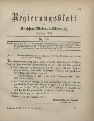 Nr. 237: Ministerialverordnung vom 25. November 1918 über Maßnahmen zur Beschränkung des Fremdenverkehrs