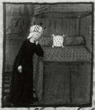 Niobe trauernd an ein Himmelbett gestützt. Miniatur und Text, Blatt21v