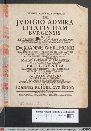Specimen Inavgvrale Jvridicvm De Jvdicio Admiralitatis Hambvrgensis