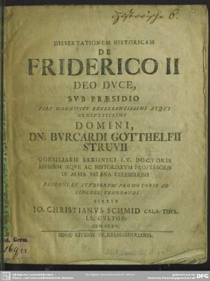 Dissertationem Historicam De Friderico II Deo Duce
