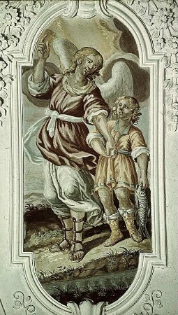 Deckenbild im Langhaus, Medaillon neben dem Triumphbogen: Tobias und der Erzengel