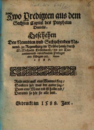 Zwo Predigten aus dem Sechsten Capitel des Propheten Danielis