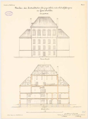 Zentralstation für jugendliche männliche Gefangene, Groß-Strehlitz: Haupthaus: Aufriss Vorderansicht, Querschnitt 1:100