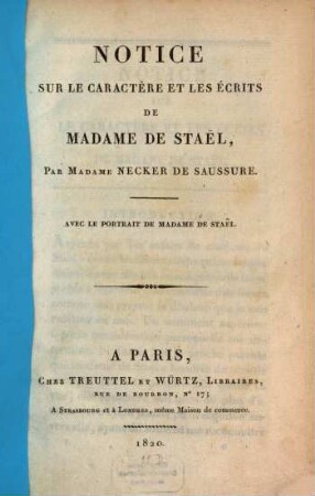 Notice sur le caractère et les écrits de Madame de Staël