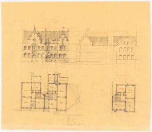 Reihenwohnhaus: Grundriss Erdgeschoss (zwei), Obergeschoss, 3 Aufrisse Fassade