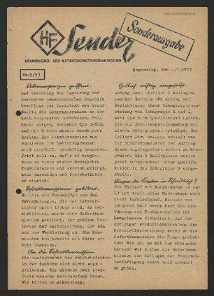 HF-Sender, Sonderausgabe' [Flugblatt], Nr.5/1953 (9. Juli 1953)