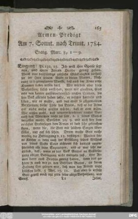 Armen-Predigt Am 7. Sonnt. nach Trinit. 1784. Evang. Marc. 8, 1 - 9.