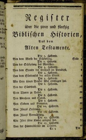 Register über die zwey und fünfzig Biblischen Historien, Aus dem Alten Testamente.