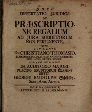 Dissertatio Juridica De Praescriptione Regalium Ad Jura Subditorum Non Pertinente