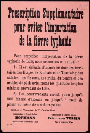 "Prescription Supplémentaire pour éviter l'importation de la fièvre typhoide" (Anordnung von Maßnahmen zur Vermeidung von Typhuserkrankungen) (No. 197)