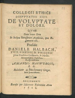 Collegii Ethici Disputatio XXII. De Voluptate Et Dolore