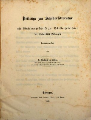 Beiträge zur Schillerlitteratur : als Einladungsschrift zur Schillerjubelfeier der Universität Tübingen
