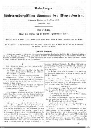 118. Sitzung, Stuttgart, 8.3.1852