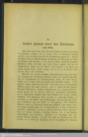 IV. Unsere Heimat unter den Wettinern seit 1672