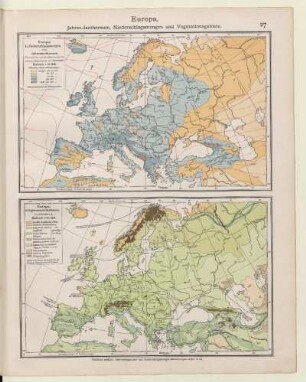 Europa, Jahres-Isothermen, Niederschlagsmengen und Vegetationsgebiete