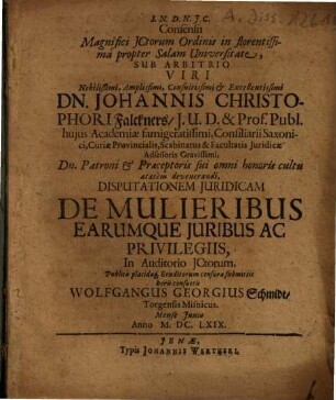 ... Disputationem Juridicam De Mulieribus Earumque Juribus Ac Privilegiis