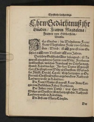 EhrnGedächtnuß ihr Gnaden/ Frawn Magdalena/ Frawen von Hörberstein/ Wittibin.