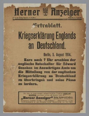 "Kriegserklärung Englands an Deutschland."