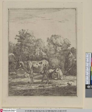 [Der Knabe beim Baumstrunk; Boy leaning on a tree-trunk, and two cows]