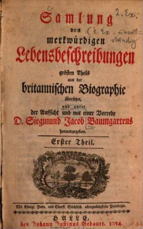 Samlung von merkwürdigen Lebensbeschreibungen, 1