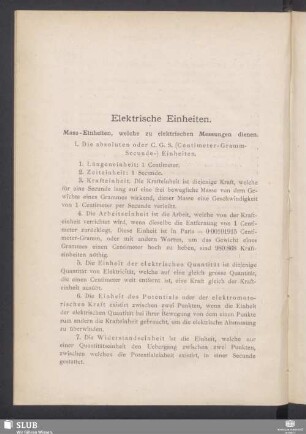 Elektrische Einheiten. Mass-Einheiten, welche zu elektrischen Messungen dienen