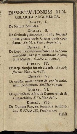 Dissertationum Singularum Argumenta.