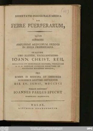Dissertatio Inauguralis Medica De Febre Puerperanum